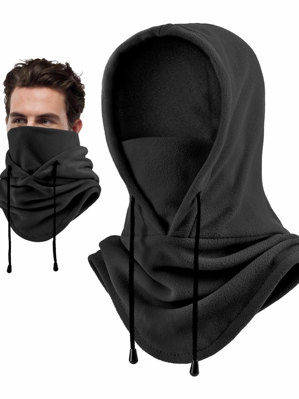 Men's Black Fleece Hooded Neck Warmer with Drawstrings